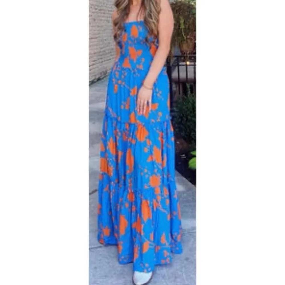 Able the Label Womens Bright Blue and Orange Ruched Strapless Tiered Maxi Dress
